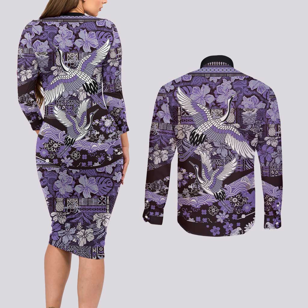 Japanese Hawaiian Crane Couples Matching Long Sleeve Bodycon Dress and Long Sleeve Button Shirt Purple Tapa Patchwork Pattern