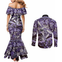 Japanese Hawaiian Crane Couples Matching Mermaid Dress and Long Sleeve Button Shirt Purple Tapa Patchwork Pattern