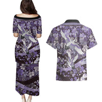 Japanese Hawaiian Crane Couples Matching Puletasi and Hawaiian Shirt Purple Tapa Patchwork Pattern