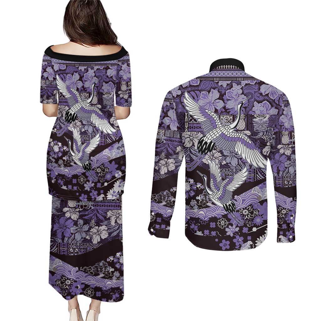 Japanese Hawaiian Crane Couples Matching Puletasi and Long Sleeve Button Shirt Purple Tapa Patchwork Pattern