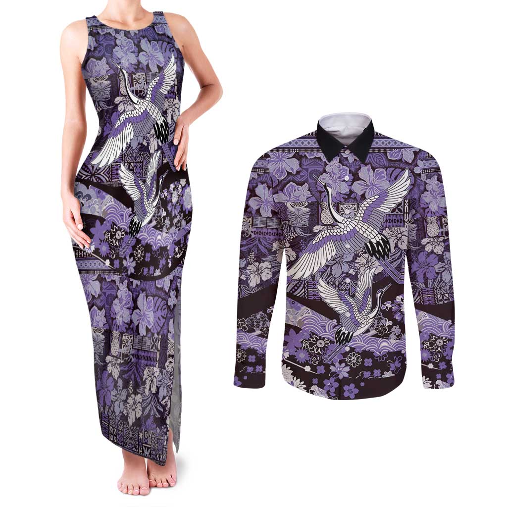 Japanese Hawaiian Crane Couples Matching Tank Maxi Dress and Long Sleeve Button Shirt Purple Tapa Patchwork Pattern