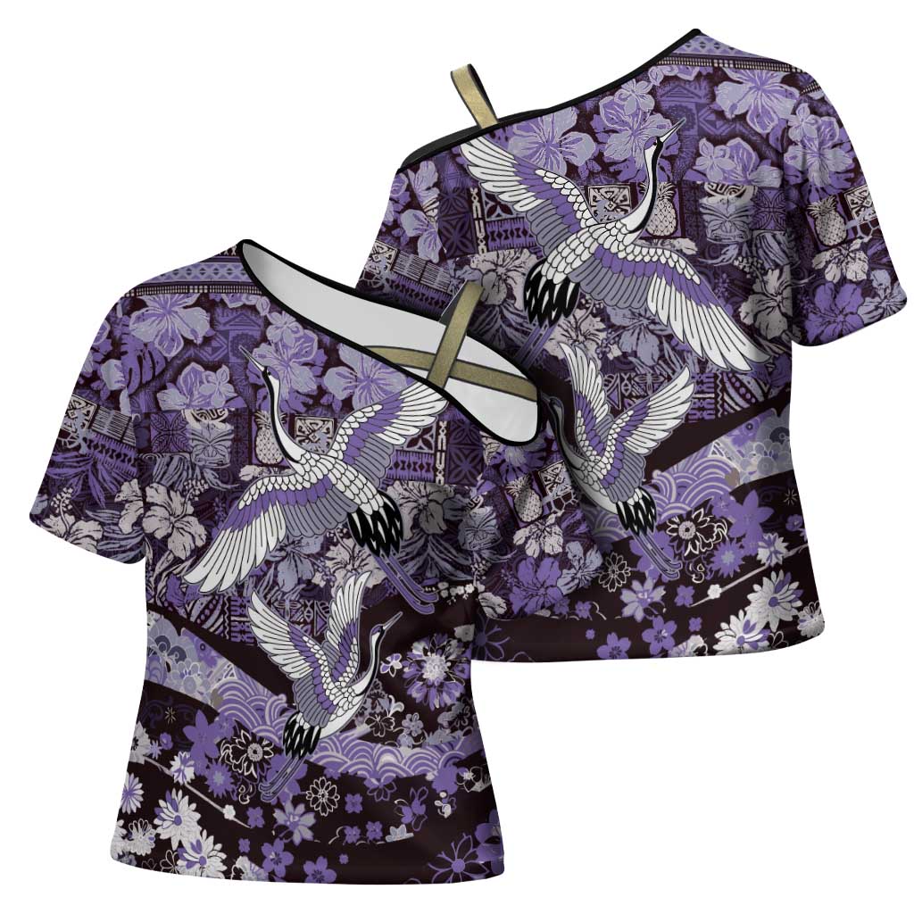 Japanese Hawaiian Crane Cross Shoulder Shirt Purple Tapa Patchwork Pattern