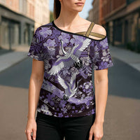 Japanese Hawaiian Crane Cross Shoulder Shirt Purple Tapa Patchwork Pattern