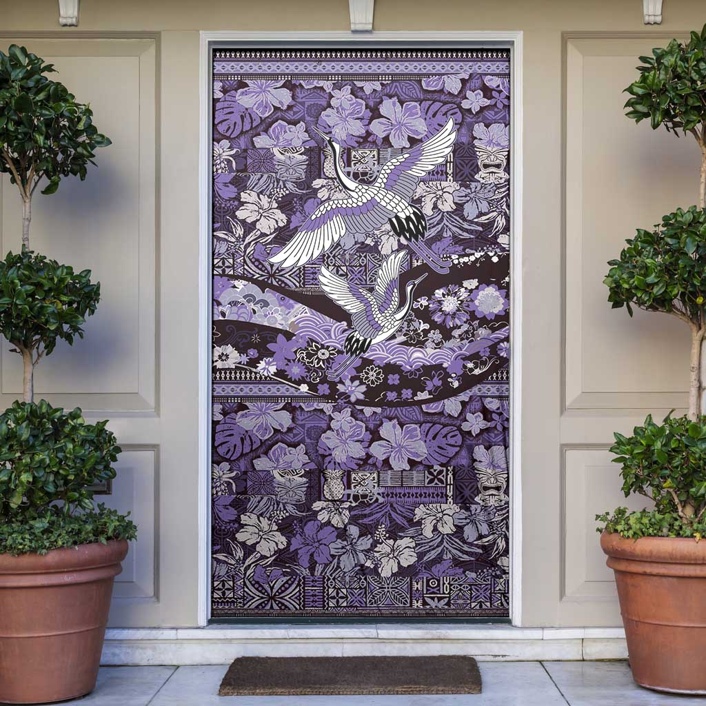 Japanese Hawaiian Crane Door Cover Purple Tapa Patchwork Pattern