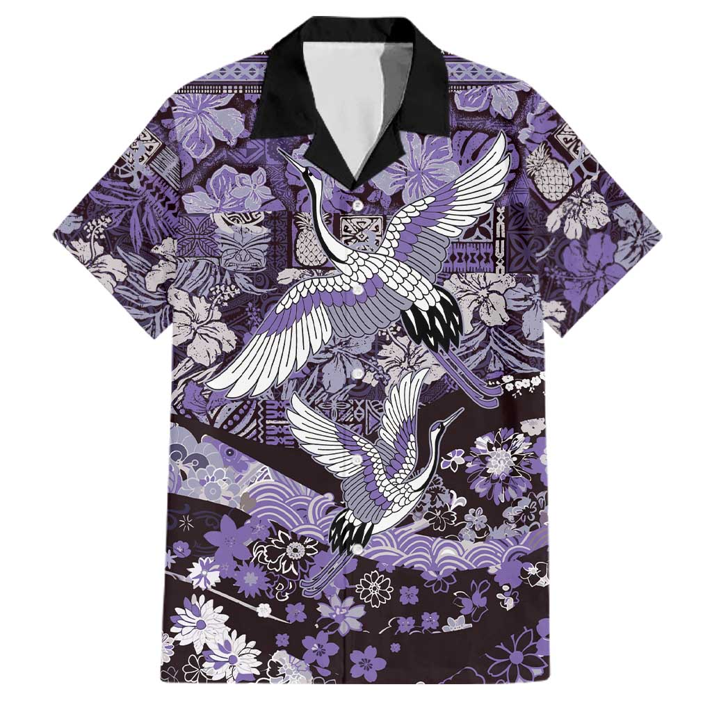 Japanese Hawaiian Crane Family Matching Mermaid Dress and Hawaiian Shirt Purple Tapa Patchwork Pattern