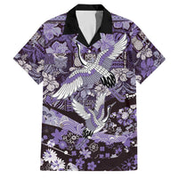Japanese Hawaiian Crane Family Matching Off The Shoulder Long Sleeve Dress and Hawaiian Shirt Purple Tapa Patchwork Pattern