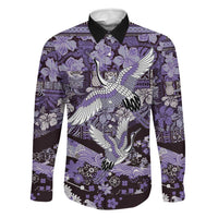 Japanese Hawaiian Crane Family Matching Off The Shoulder Long Sleeve Dress and Hawaiian Shirt Purple Tapa Patchwork Pattern