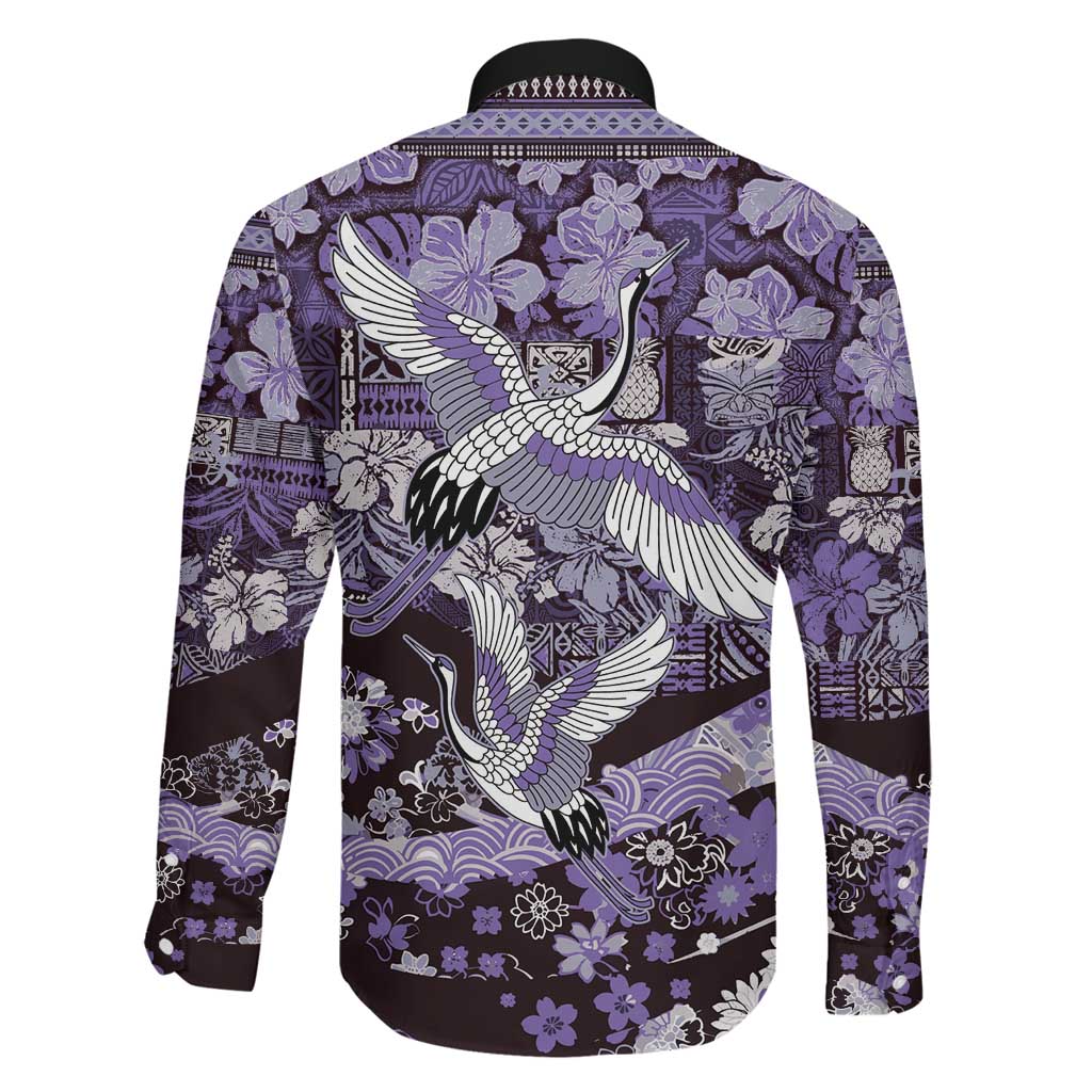 Japanese Hawaiian Crane Family Matching Off The Shoulder Long Sleeve Dress and Hawaiian Shirt Purple Tapa Patchwork Pattern