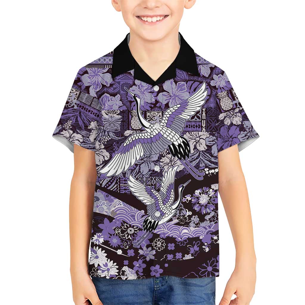 Japanese Hawaiian Crane Family Matching Off The Shoulder Long Sleeve Dress and Hawaiian Shirt Purple Tapa Patchwork Pattern