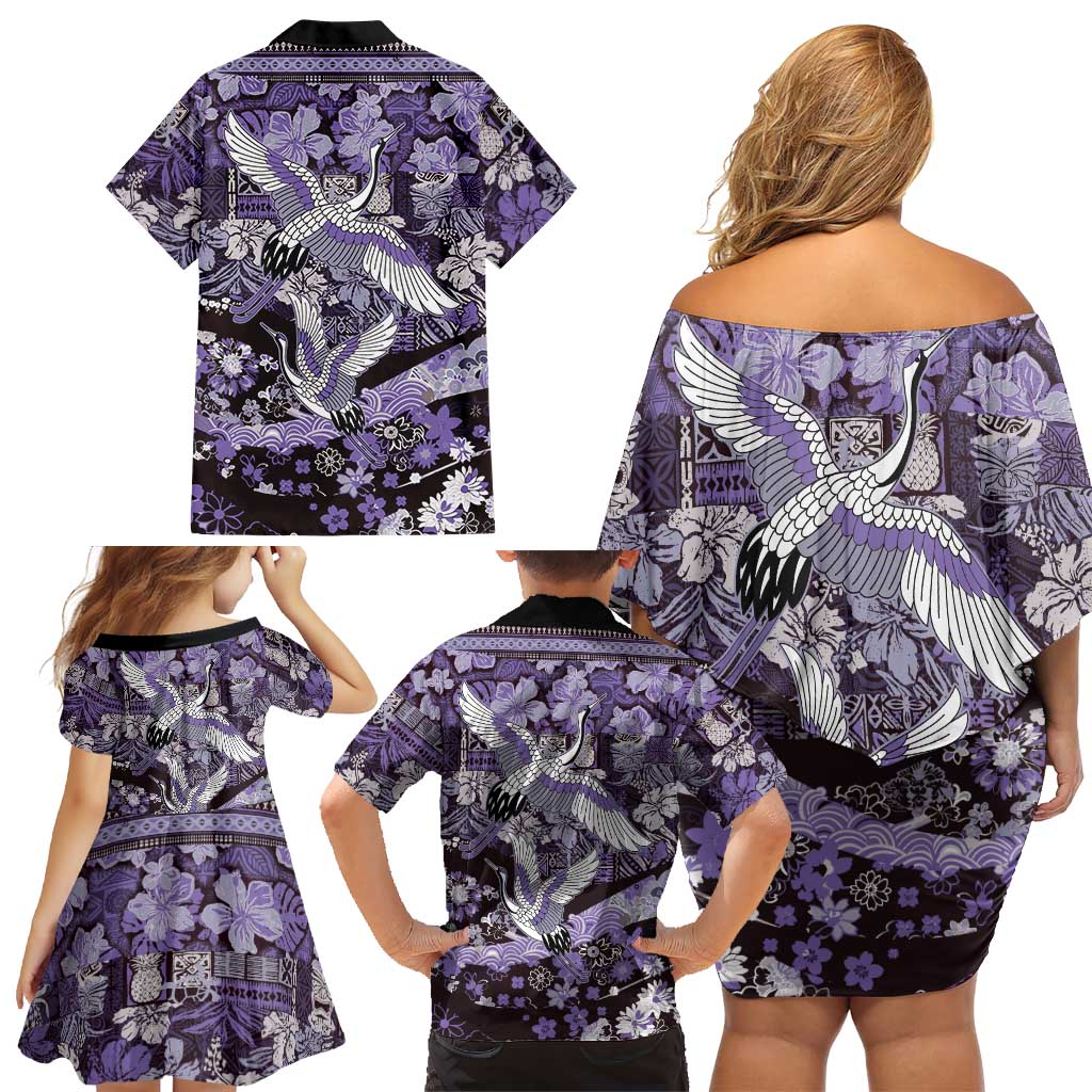 Japanese Hawaiian Crane Family Matching Off Shoulder Short Dress and Hawaiian Shirt Purple Tapa Patchwork Pattern