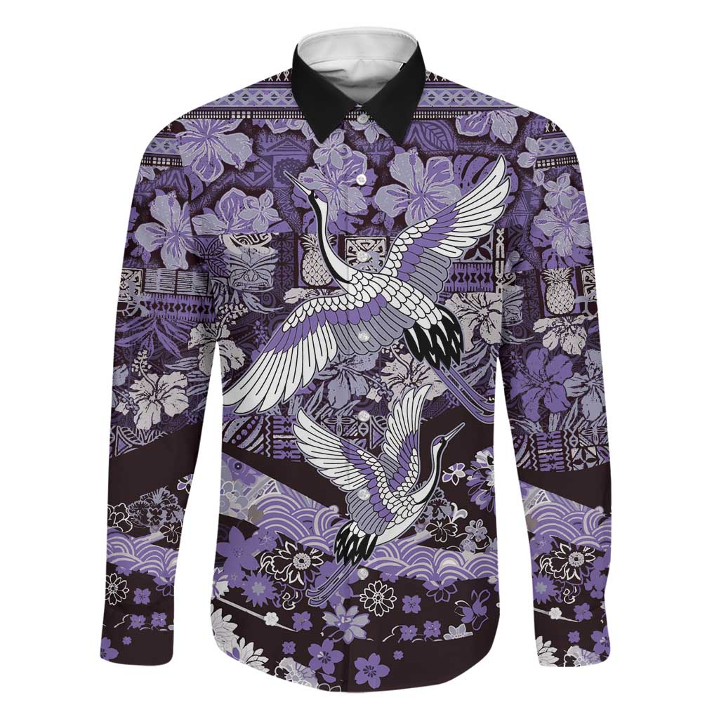 Japanese Hawaiian Crane Family Matching Off Shoulder Short Dress and Hawaiian Shirt Purple Tapa Patchwork Pattern
