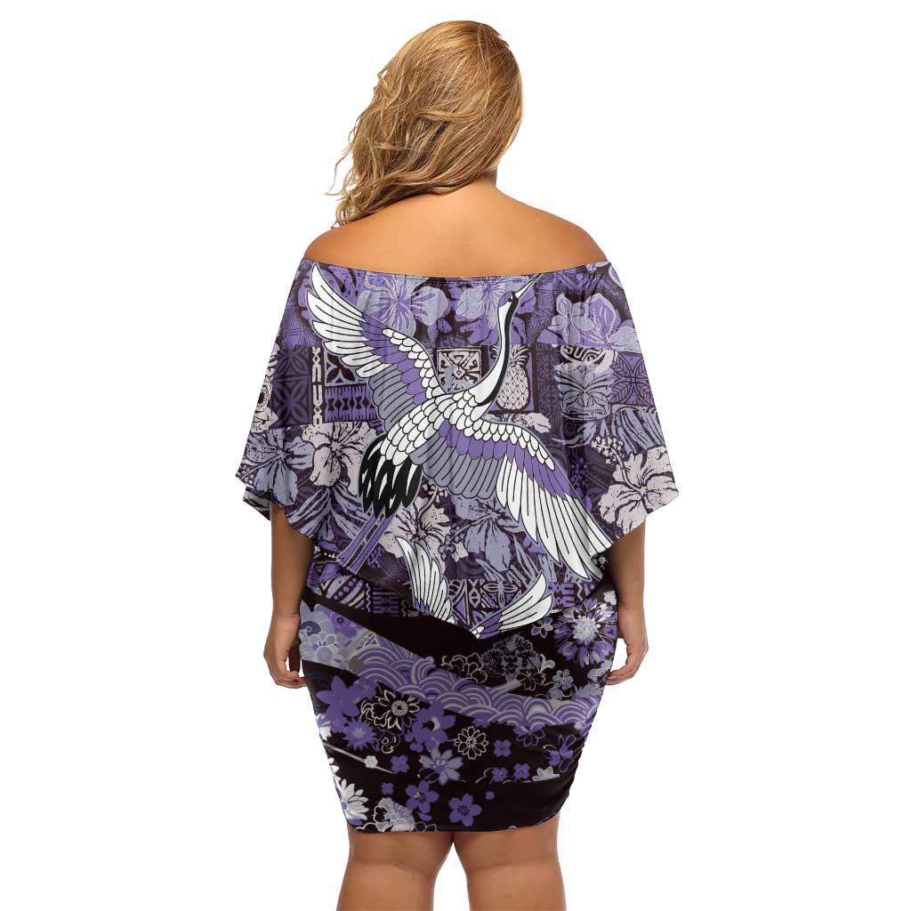 Japanese Hawaiian Crane Family Matching Off Shoulder Short Dress and Hawaiian Shirt Purple Tapa Patchwork Pattern