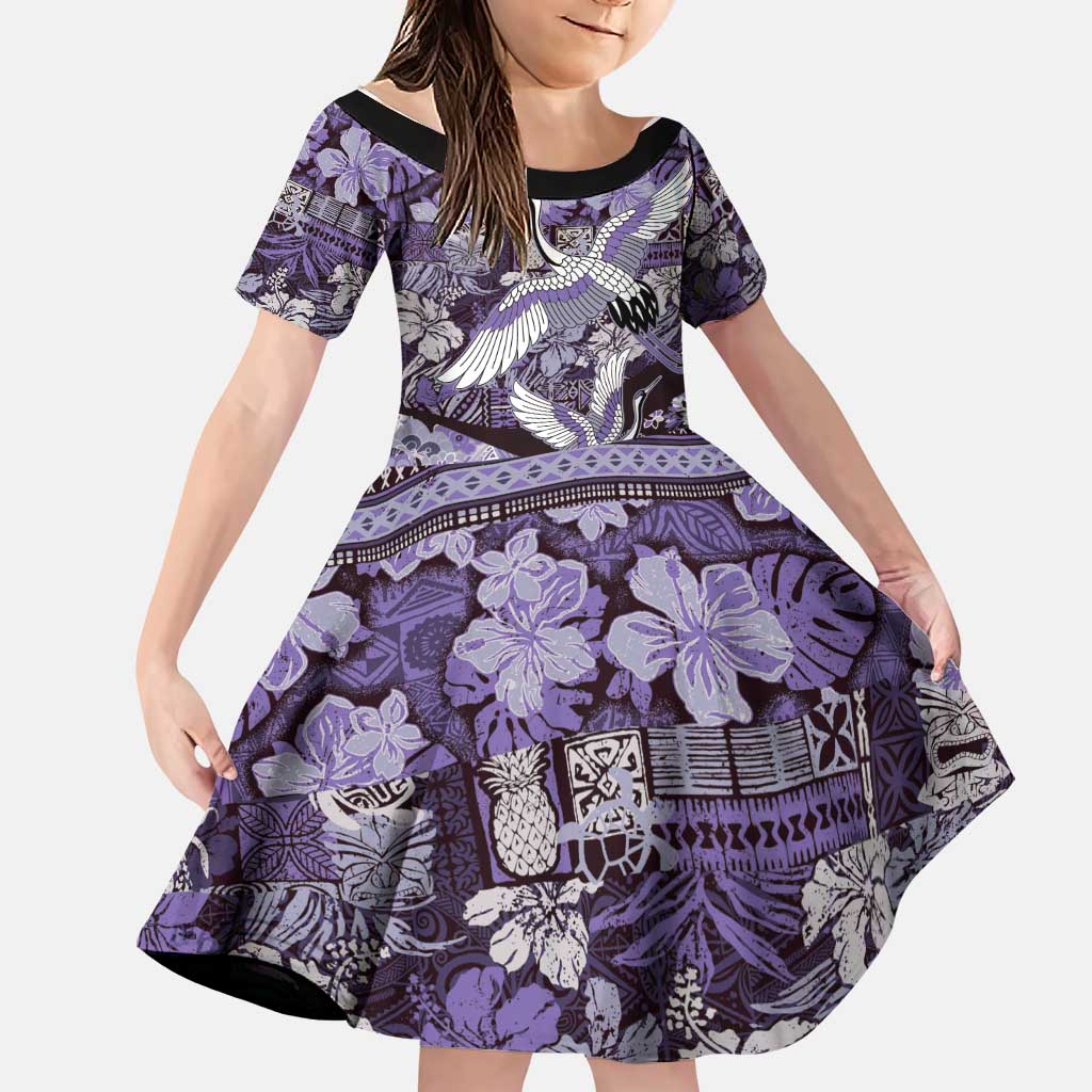 Japanese Hawaiian Crane Family Matching Puletasi and Hawaiian Shirt Purple Tapa Patchwork Pattern