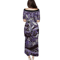 Japanese Hawaiian Crane Family Matching Puletasi and Hawaiian Shirt Purple Tapa Patchwork Pattern