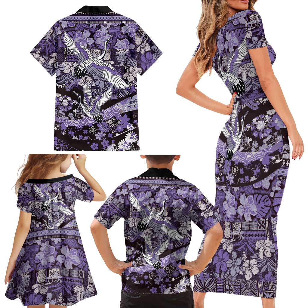 Japanese Hawaiian Crane Family Matching Short Sleeve Bodycon Dress and Hawaiian Shirt Purple Tapa Patchwork Pattern