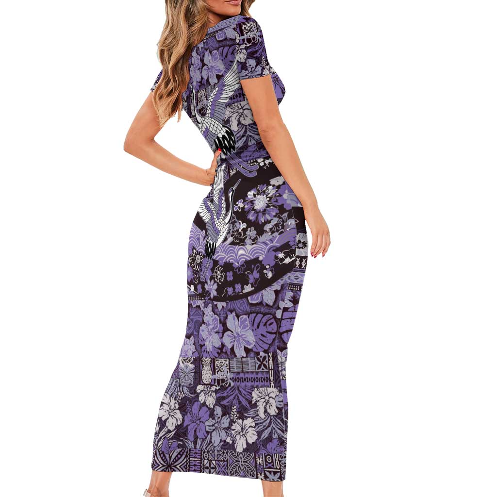 Japanese Hawaiian Crane Family Matching Short Sleeve Bodycon Dress and Hawaiian Shirt Purple Tapa Patchwork Pattern