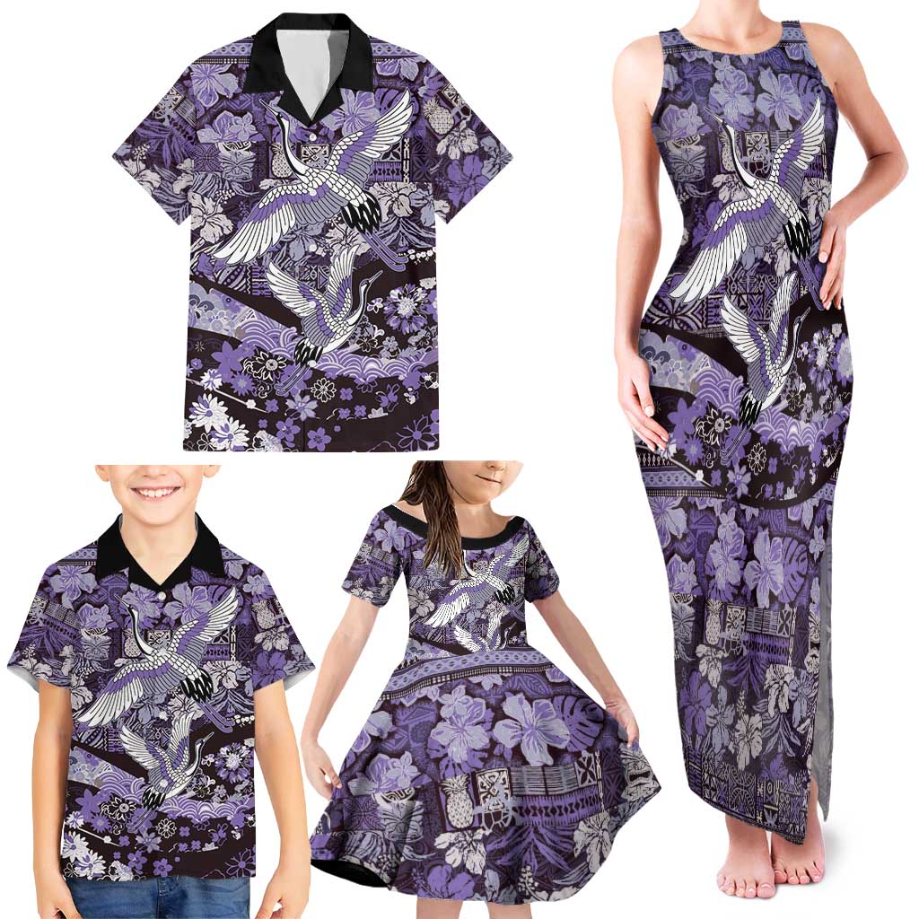 Japanese Hawaiian Crane Family Matching Tank Maxi Dress and Hawaiian Shirt Purple Tapa Patchwork Pattern