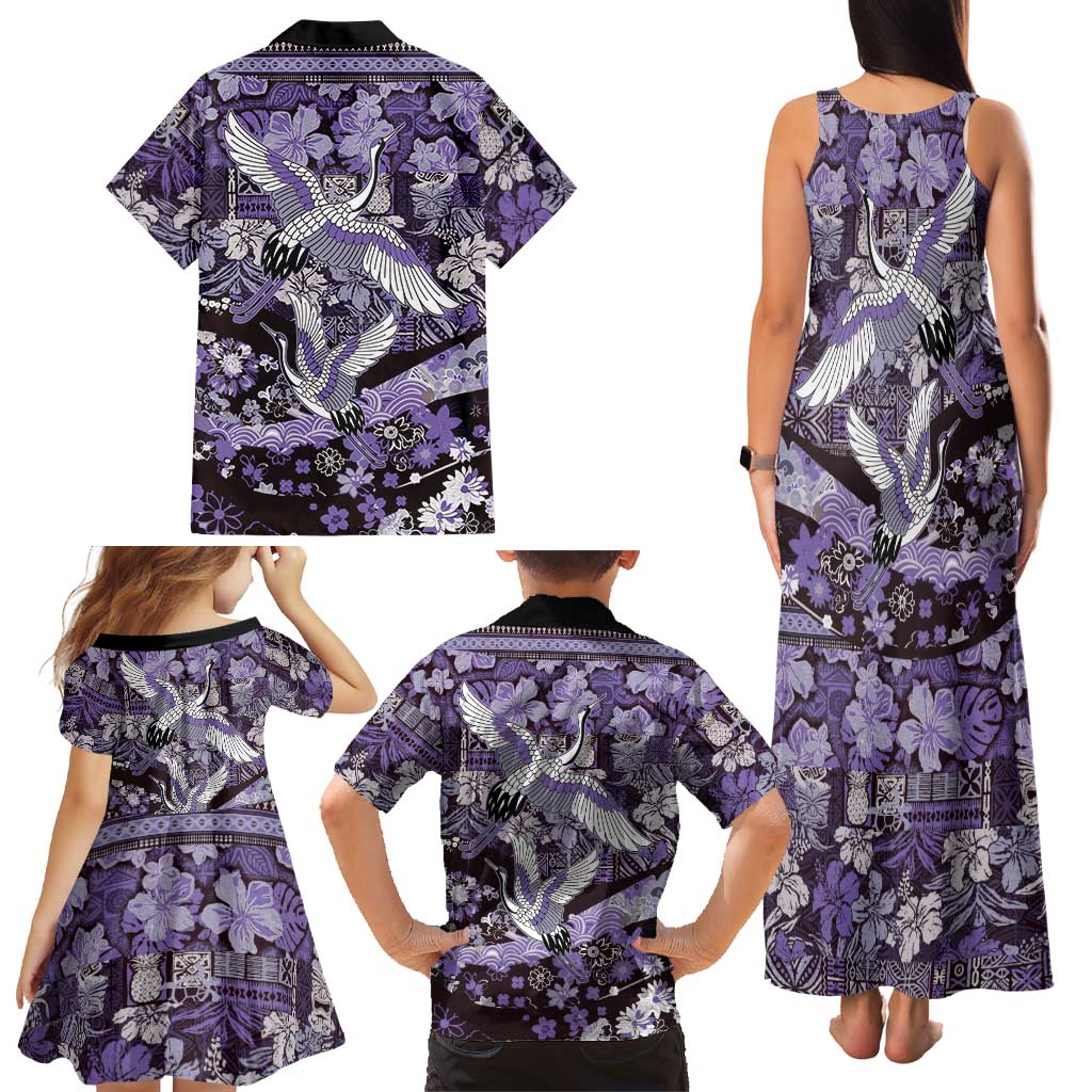 Japanese Hawaiian Crane Family Matching Tank Maxi Dress and Hawaiian Shirt Purple Tapa Patchwork Pattern