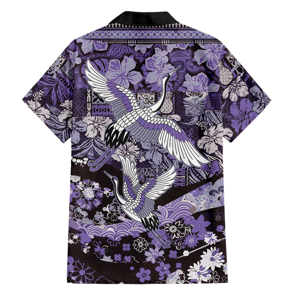 Japanese Hawaiian Crane Family Matching Tank Maxi Dress and Hawaiian Shirt Purple Tapa Patchwork Pattern