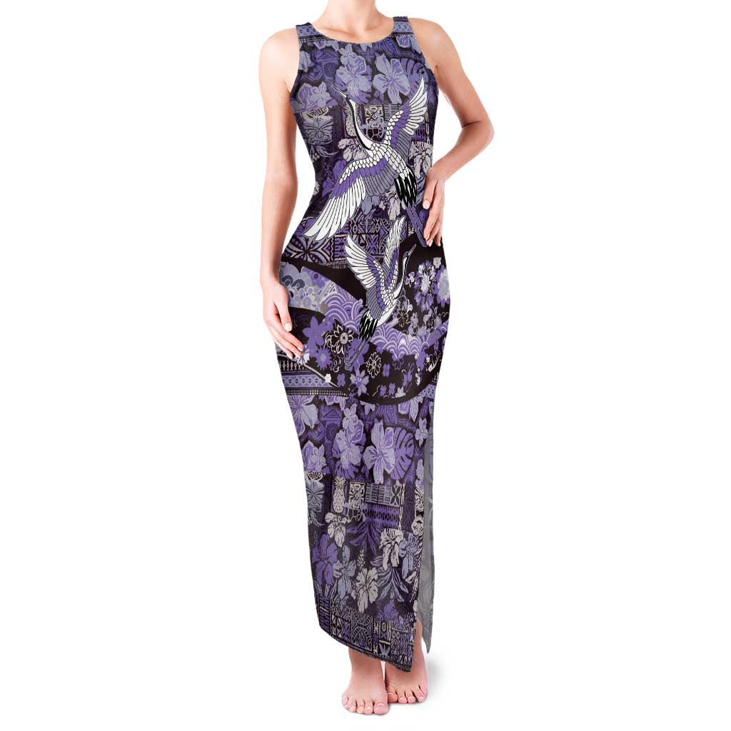 Japanese Hawaiian Crane Family Matching Tank Maxi Dress and Hawaiian Shirt Purple Tapa Patchwork Pattern
