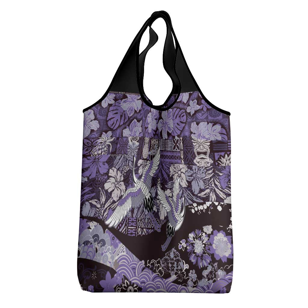 Japanese Hawaiian Crane Grocery Bag Purple Tapa Patchwork Pattern