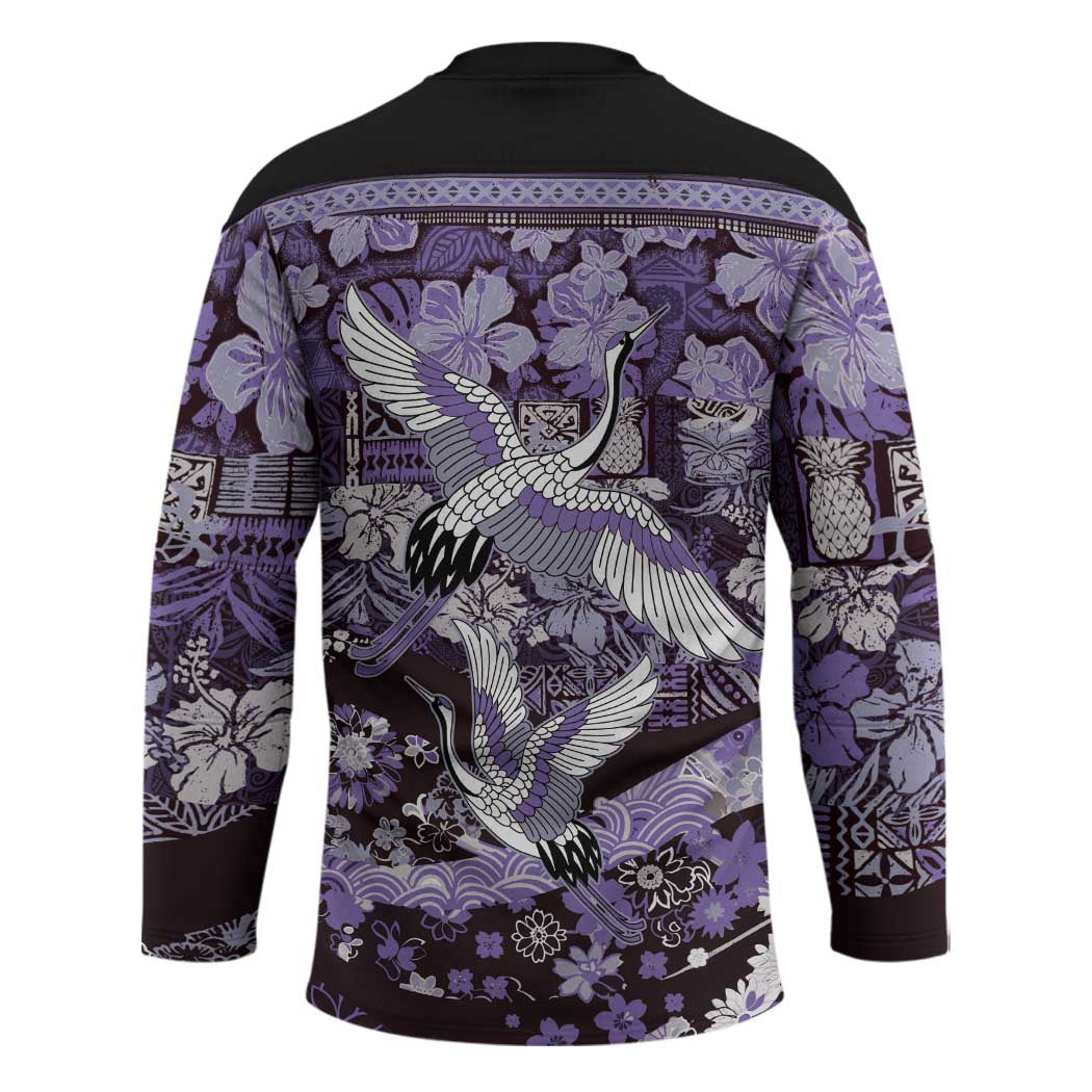 Japanese Hawaiian Crane Hockey Jersey Purple Tapa Patchwork Pattern