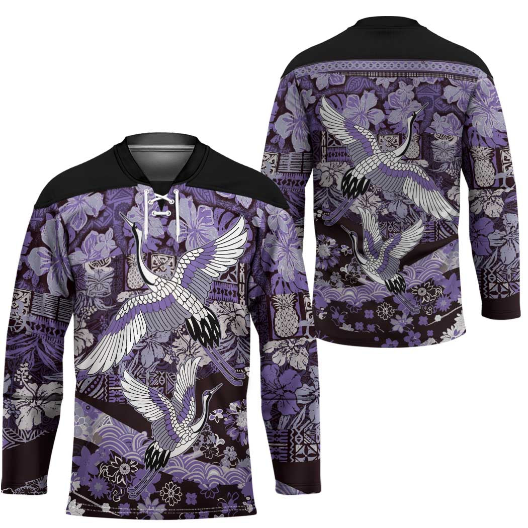Japanese Hawaiian Crane Hockey Jersey Purple Tapa Patchwork Pattern
