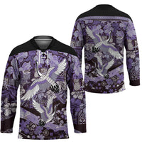 Japanese Hawaiian Crane Hockey Jersey Purple Tapa Patchwork Pattern