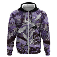 Japanese Hawaiian Crane Hoodie Purple Tapa Patchwork Pattern