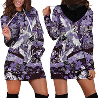 Japanese Hawaiian Crane Hoodie Dress Purple Tapa Patchwork Pattern