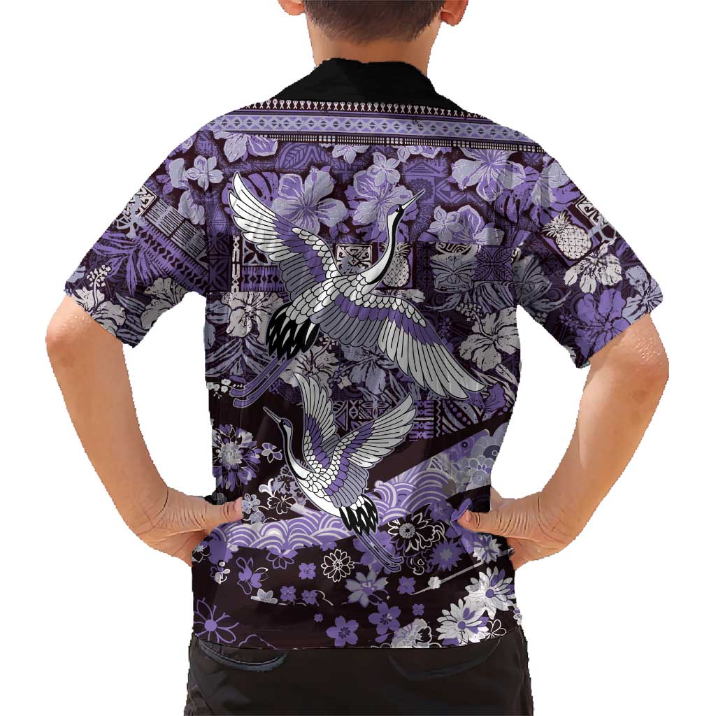 Japanese Hawaiian Crane Kid Hawaiian Shirt Purple Tapa Patchwork Pattern