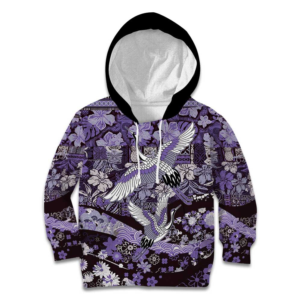 Japanese Hawaiian Crane Kid Hoodie Purple Tapa Patchwork Pattern