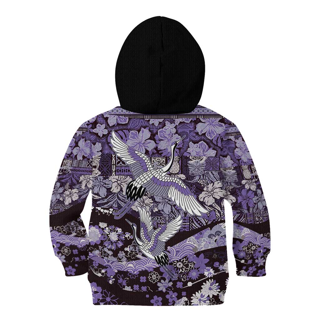 Japanese Hawaiian Crane Kid Hoodie Purple Tapa Patchwork Pattern