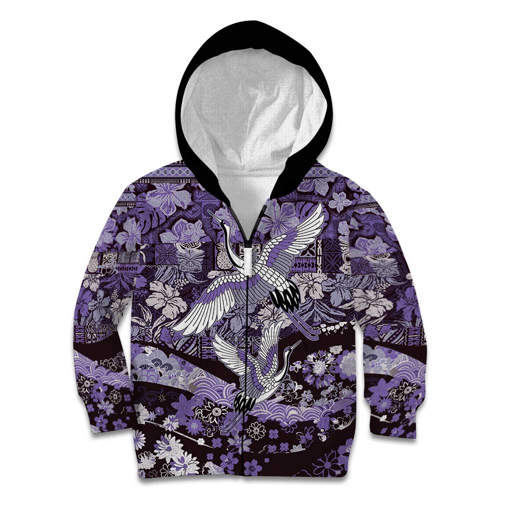 Japanese Hawaiian Crane Kid Hoodie Purple Tapa Patchwork Pattern