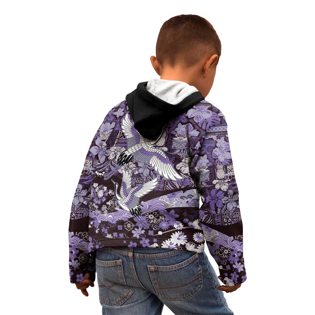 Japanese Hawaiian Crane Kid Hoodie Purple Tapa Patchwork Pattern