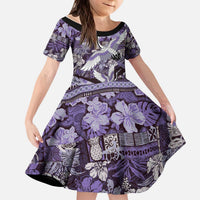 Japanese Hawaiian Crane Kid Short Sleeve Dress Purple Tapa Patchwork Pattern