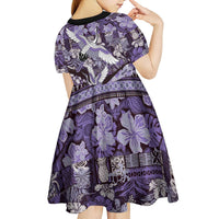 Japanese Hawaiian Crane Kid Short Sleeve Dress Purple Tapa Patchwork Pattern