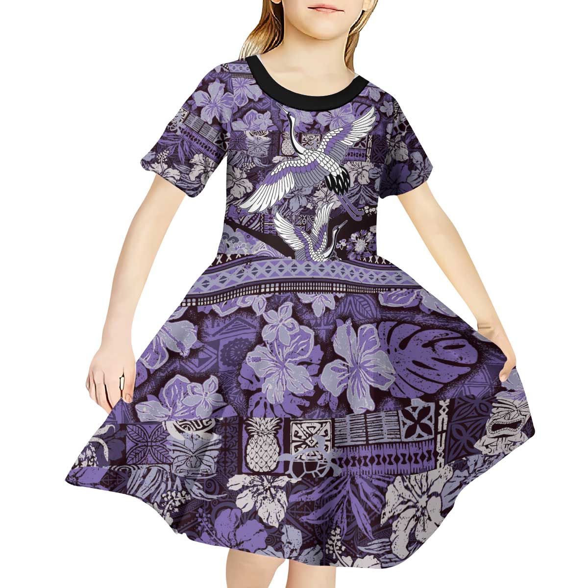 Japanese Hawaiian Crane Kid Short Sleeve Dress Purple Tapa Patchwork Pattern