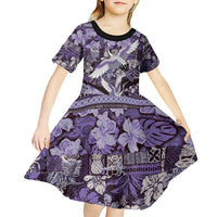 Japanese Hawaiian Crane Kid Short Sleeve Dress Purple Tapa Patchwork Pattern