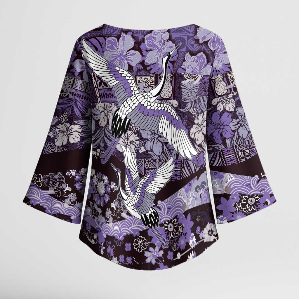 Japanese Hawaiian Crane Kimono Sleeve Blouse Purple Tapa Patchwork Pattern