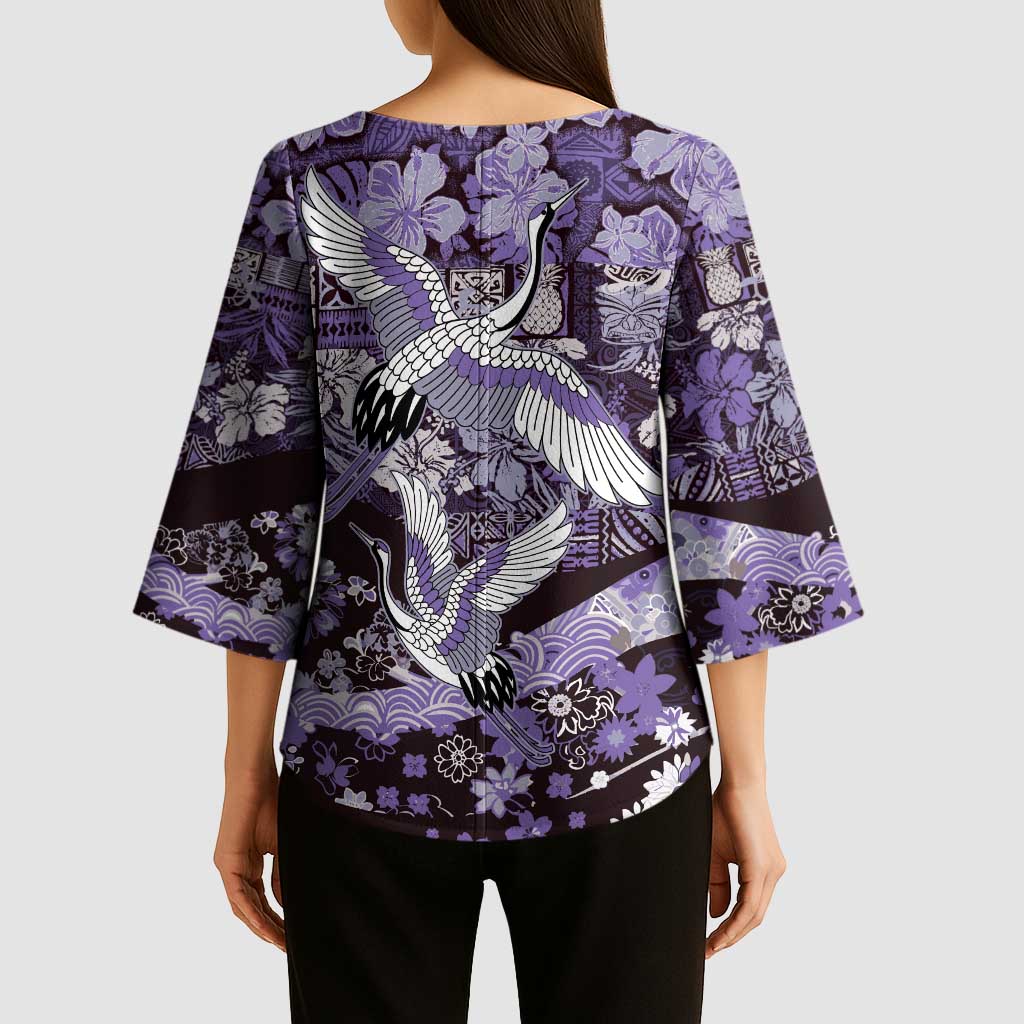 Japanese Hawaiian Crane Kimono Sleeve Blouse Purple Tapa Patchwork Pattern