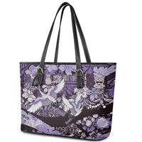 Japanese Hawaiian Crane Leather Tote Bag Purple Tapa Patchwork Pattern