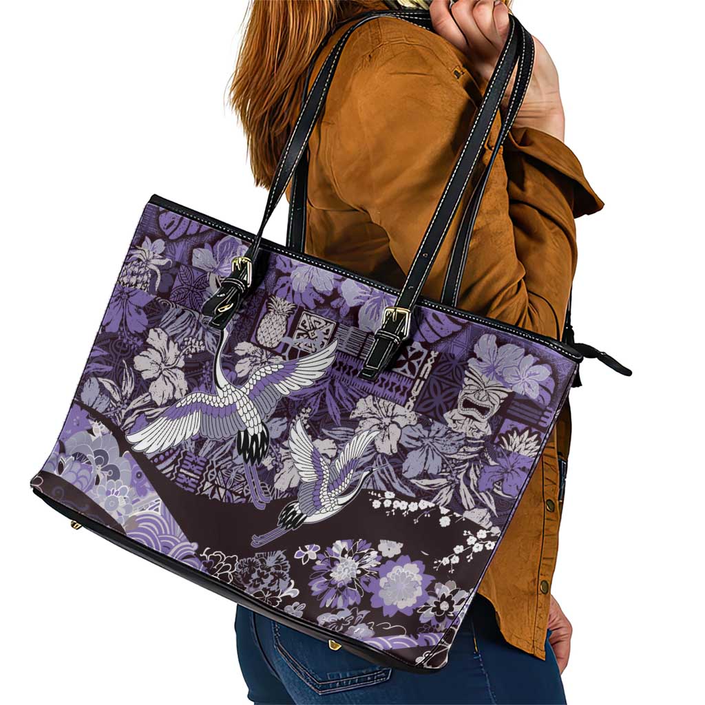 Japanese Hawaiian Crane Leather Tote Bag Purple Tapa Patchwork Pattern