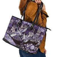 Japanese Hawaiian Crane Leather Tote Bag Purple Tapa Patchwork Pattern