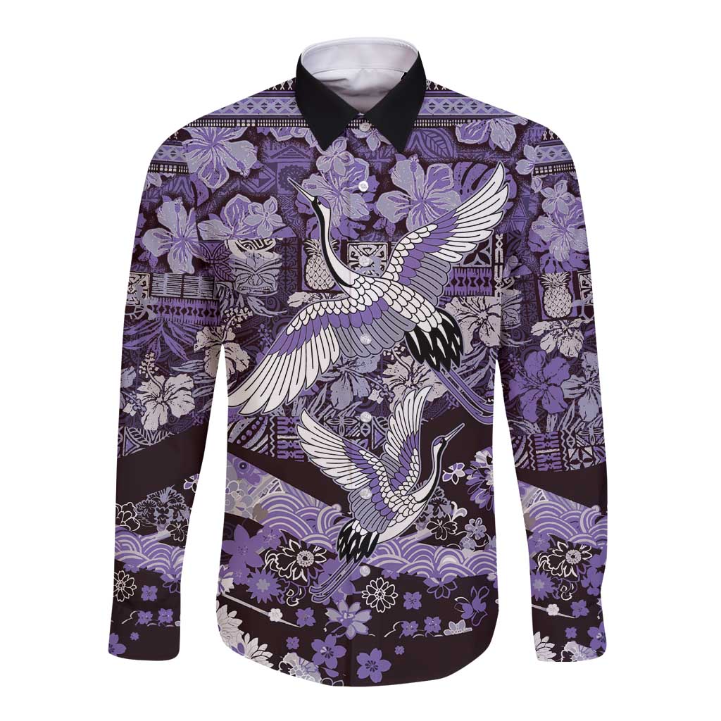 Japanese Hawaiian Crane Long Sleeve Button Shirt Purple Tapa Patchwork Pattern