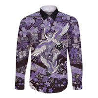 Japanese Hawaiian Crane Long Sleeve Button Shirt Purple Tapa Patchwork Pattern