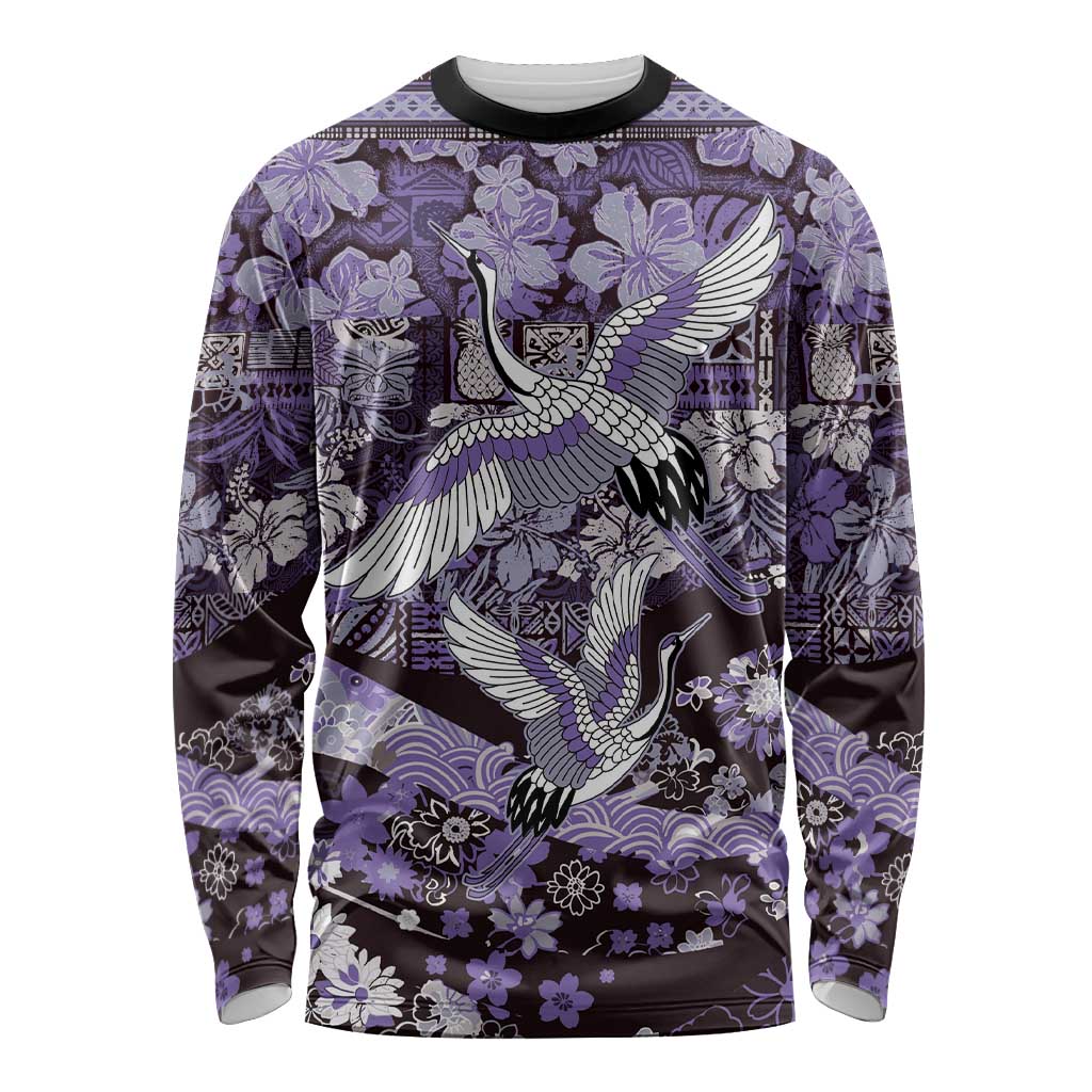 Japanese Hawaiian Crane Long Sleeve Shirt Purple Tapa Patchwork Pattern
