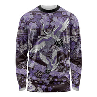 Japanese Hawaiian Crane Long Sleeve Shirt Purple Tapa Patchwork Pattern
