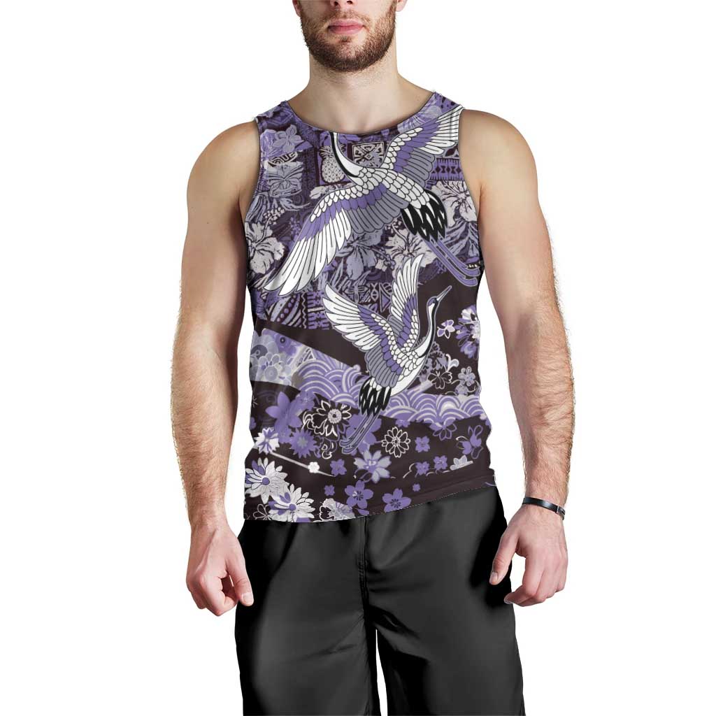 Japanese Hawaiian Crane Men Tank Top Purple Tapa Patchwork Pattern