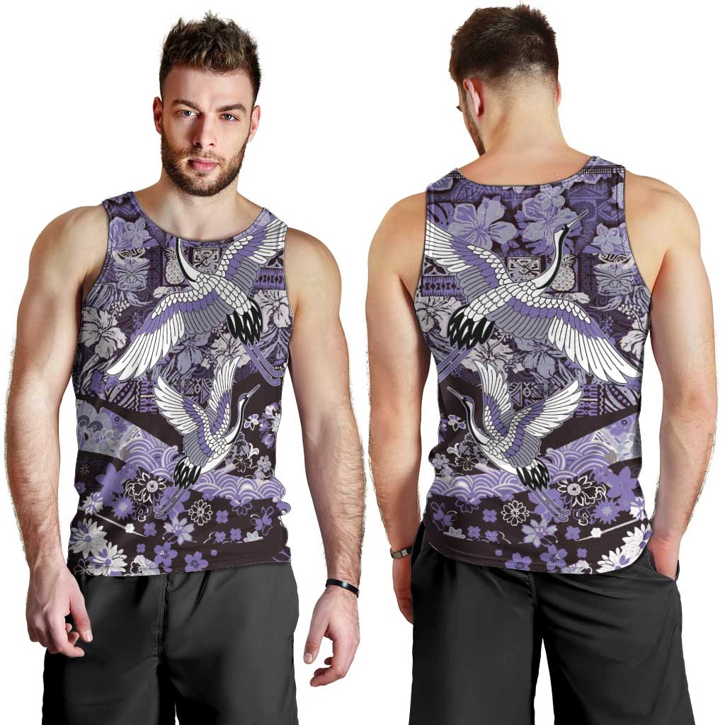 Japanese Hawaiian Crane Men Tank Top Purple Tapa Patchwork Pattern